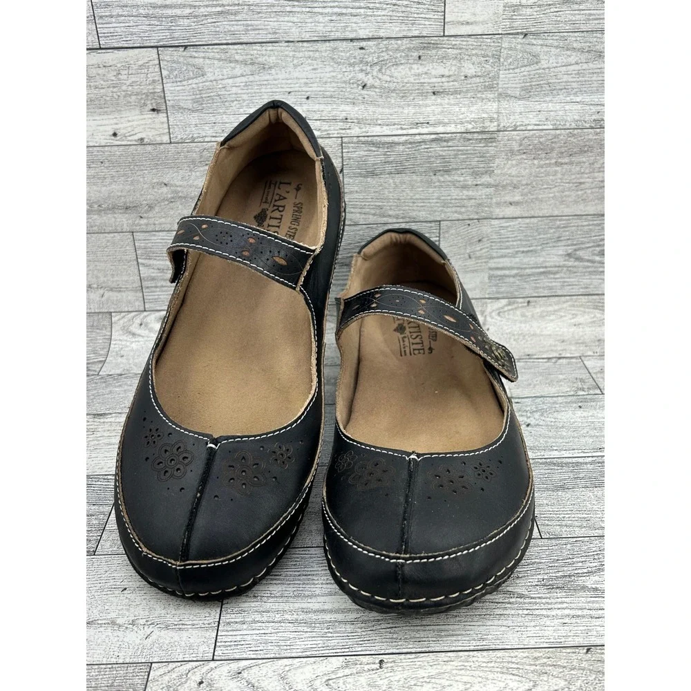 L'Artiste Spring Step Lazarina-B Black Leather Mary Jane Flats Women  EU 38 US 8